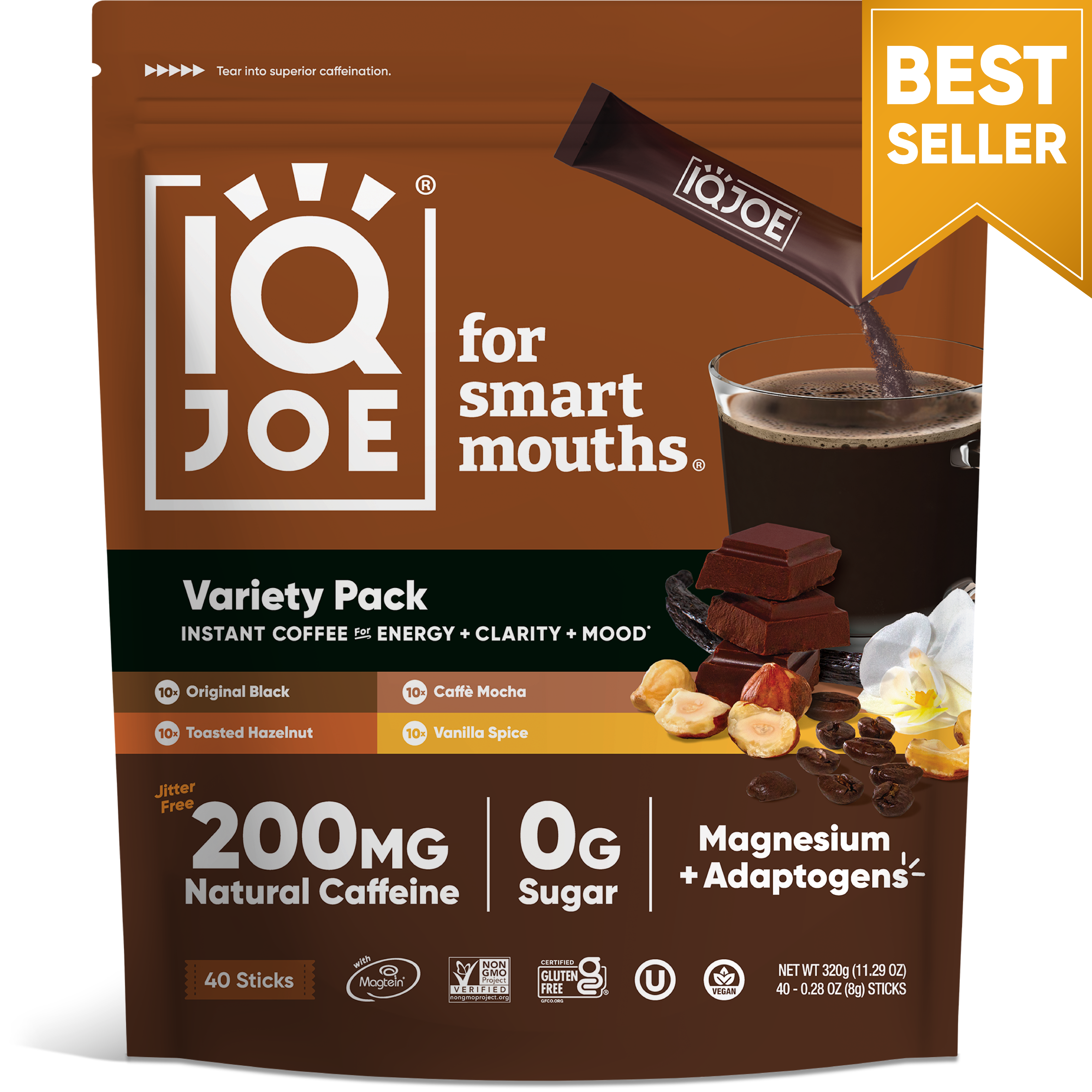 IQJOE Variety Pack with 40-sticks. Best Mushroom Coffee, Lion's Mane Powder + Magnesium Powder. Jitter Free Caffeine. 