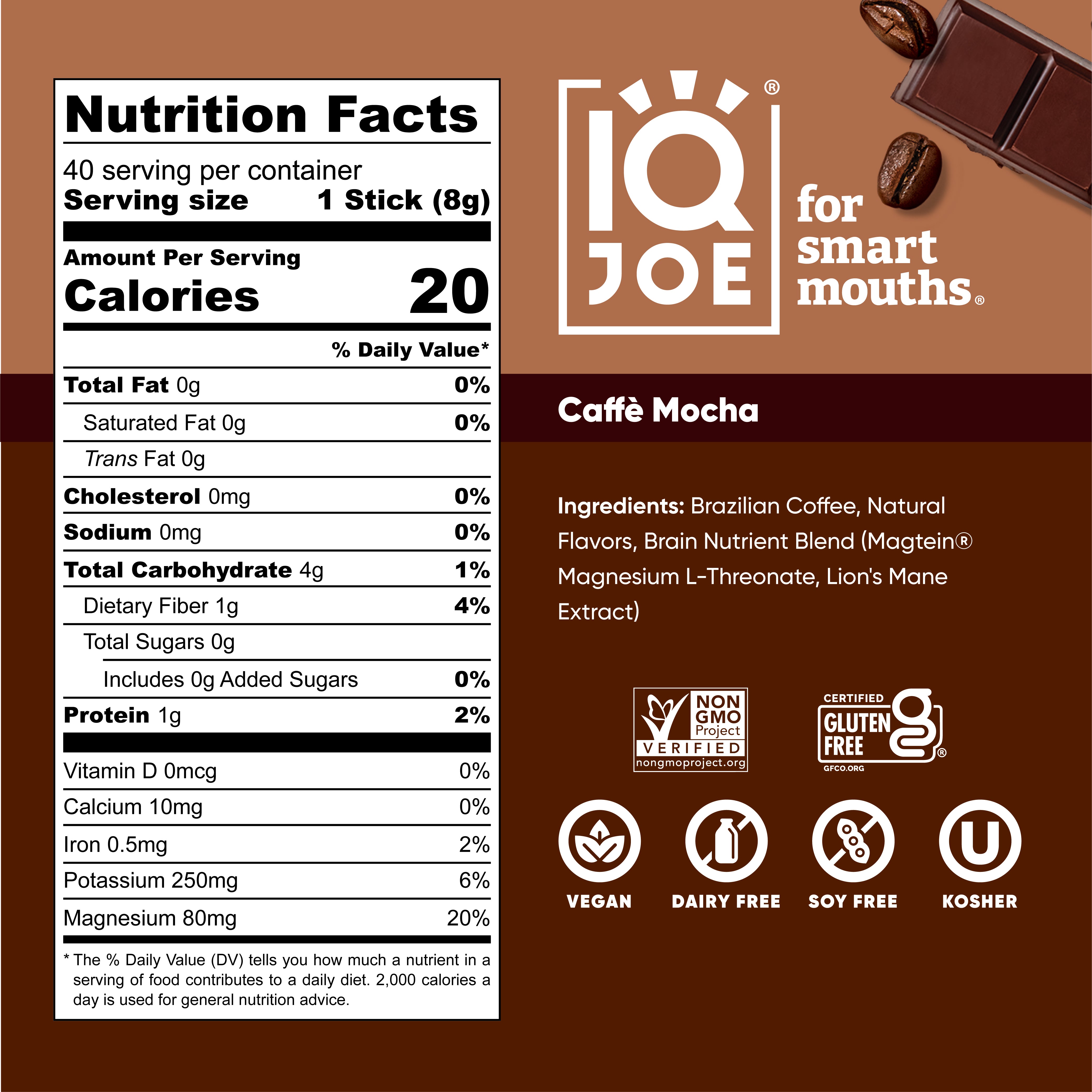 IQJOE Caffe Mocha Nutrition Facts, Non-GMO Verified, Certified Gluten-Free, Vegan, Dairy-Free, Soy-Free, Kosher, 0g Sugar.