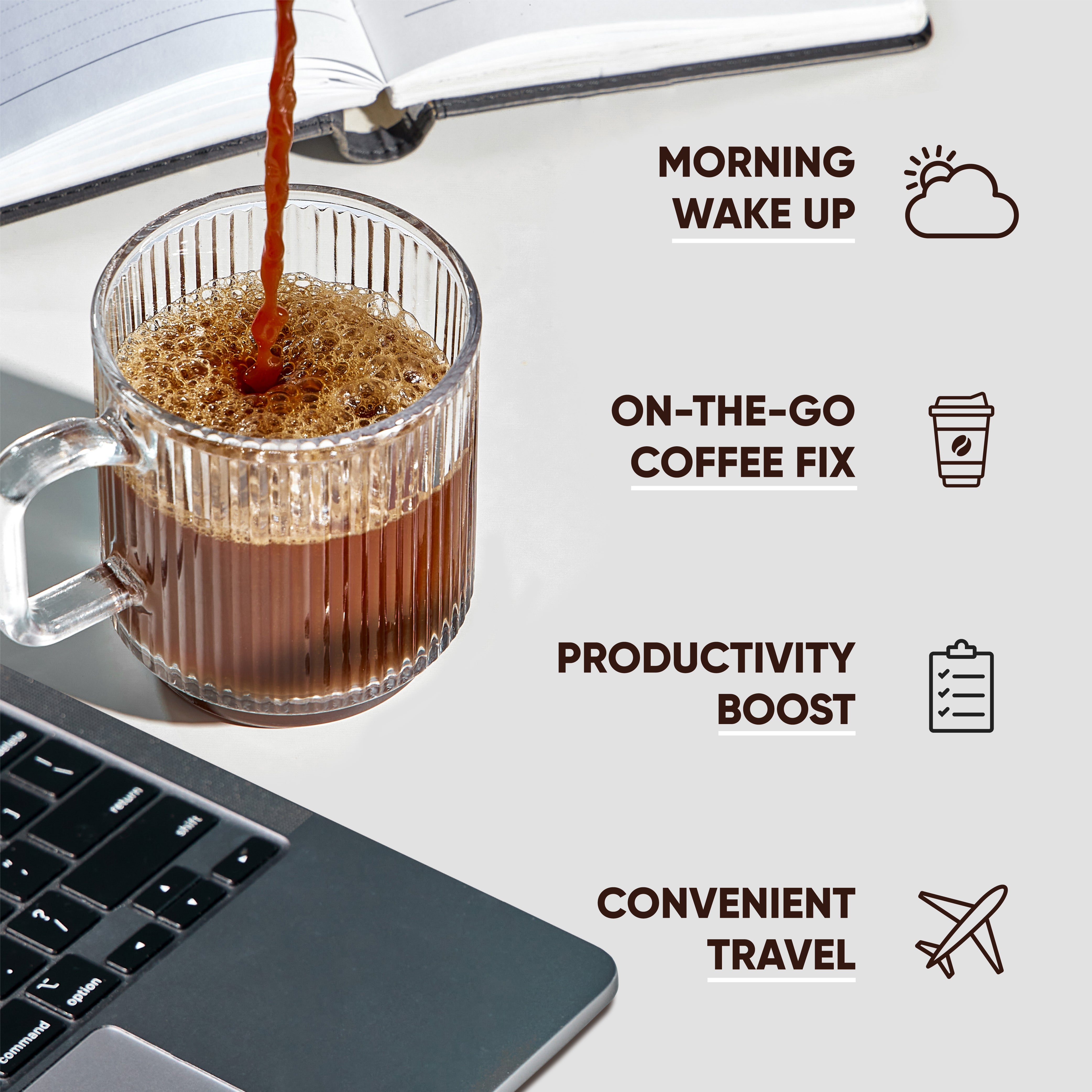 IQJOE Sampler Pack  Instant Coffee is great for: walking up in the morning, on-the-go coffee, productivity boost, convenient travel.
