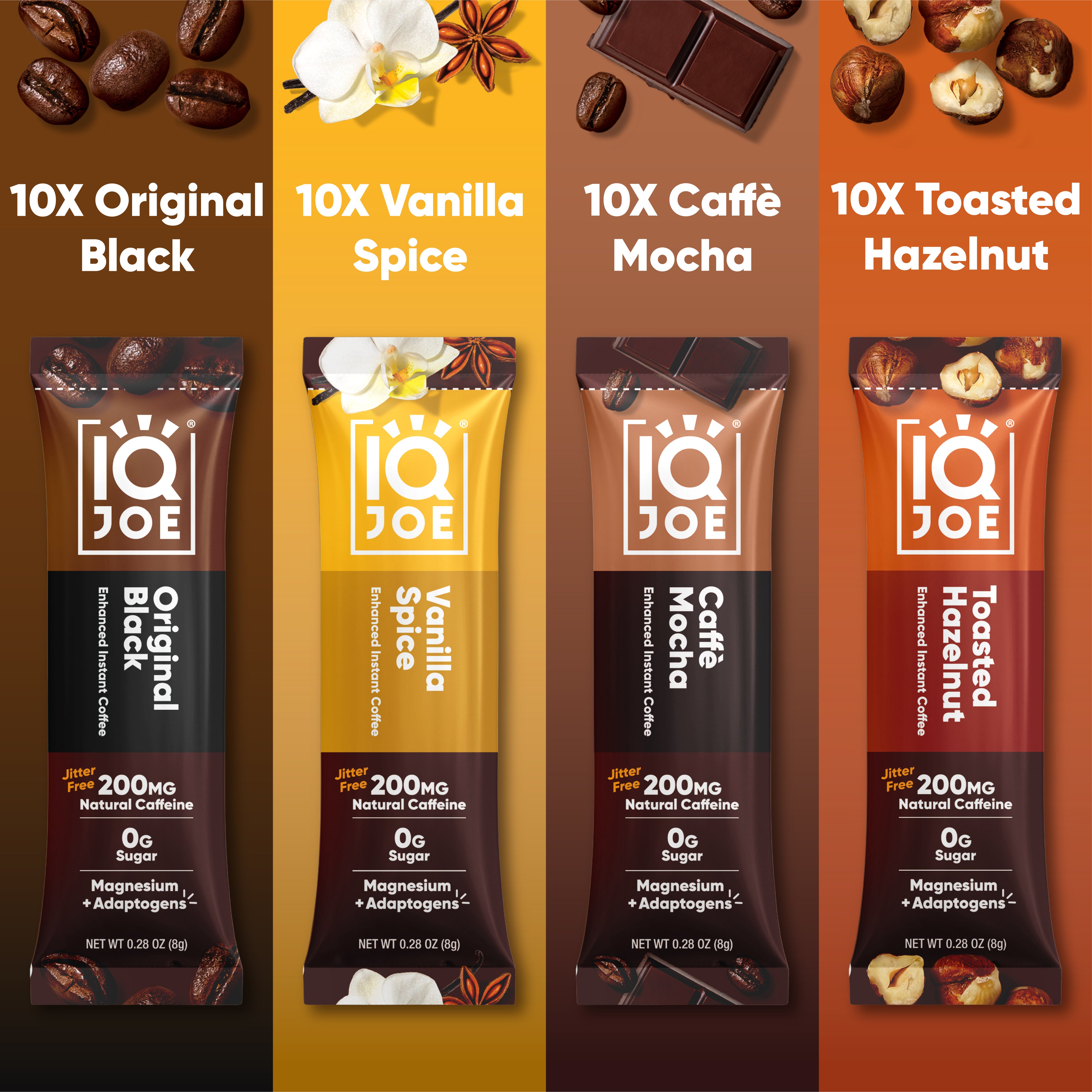 IQJOE 40-stick variety Pack Mushroom Coffee with 4 Flavors: Original Black, Vanilla Spice, Caffe Mocha, Toasted Hazelnut.
