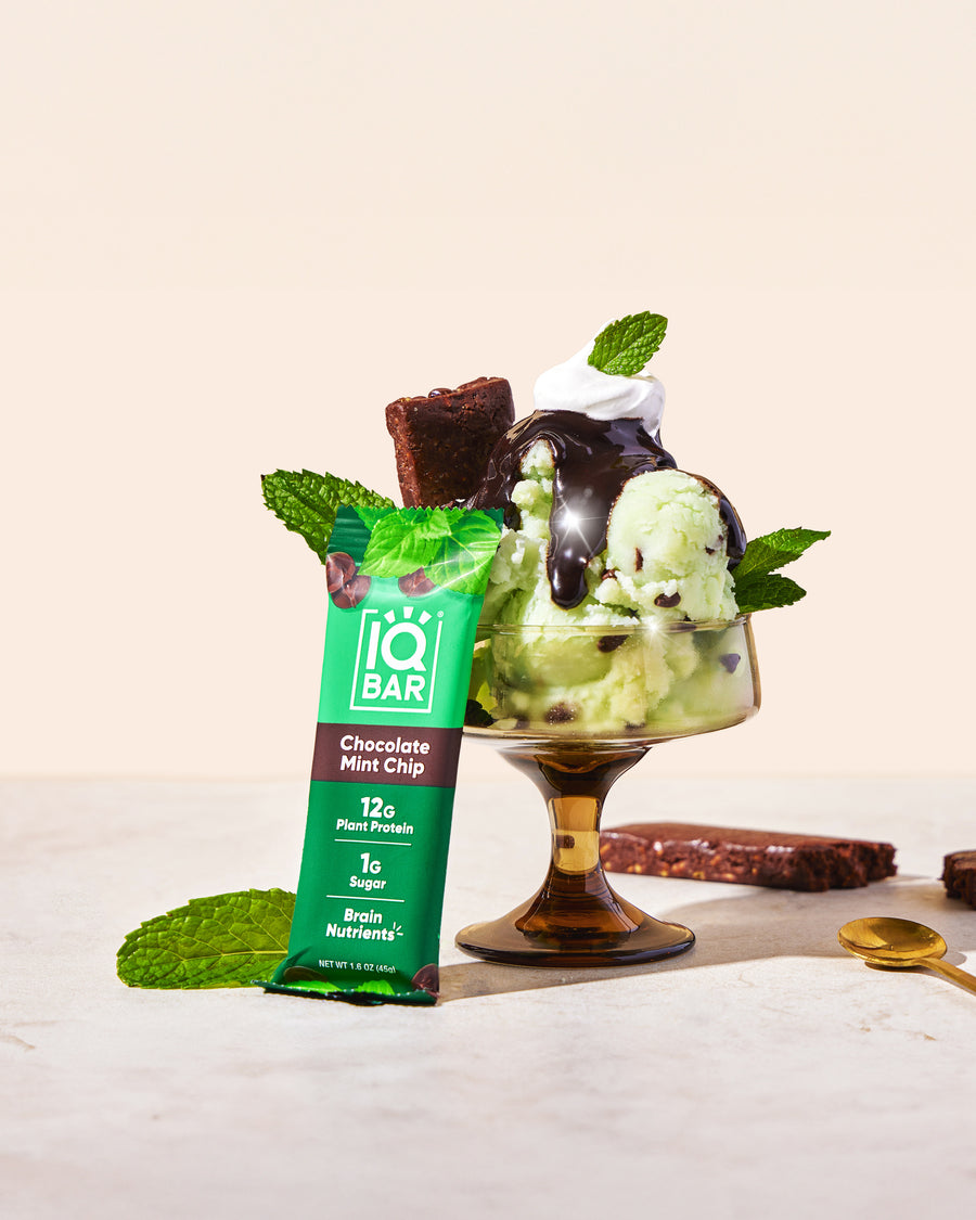 Chocolate Mint Chip IQBAR with mint chip ice cream sundae