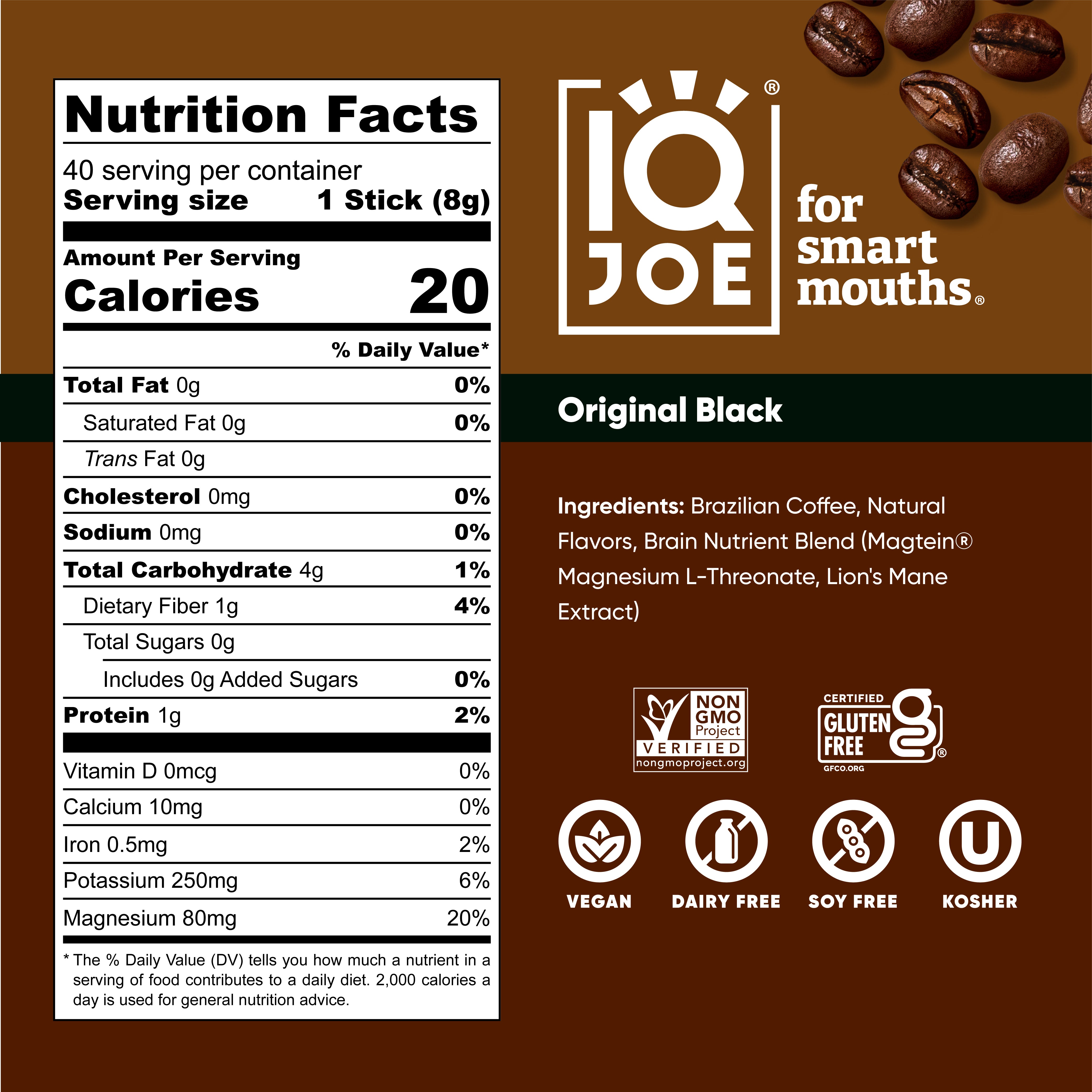 IQJOE Original Black Nutrition Facts. Vegan. Dairy Free, Soy Free, Kosher, zero sugar.