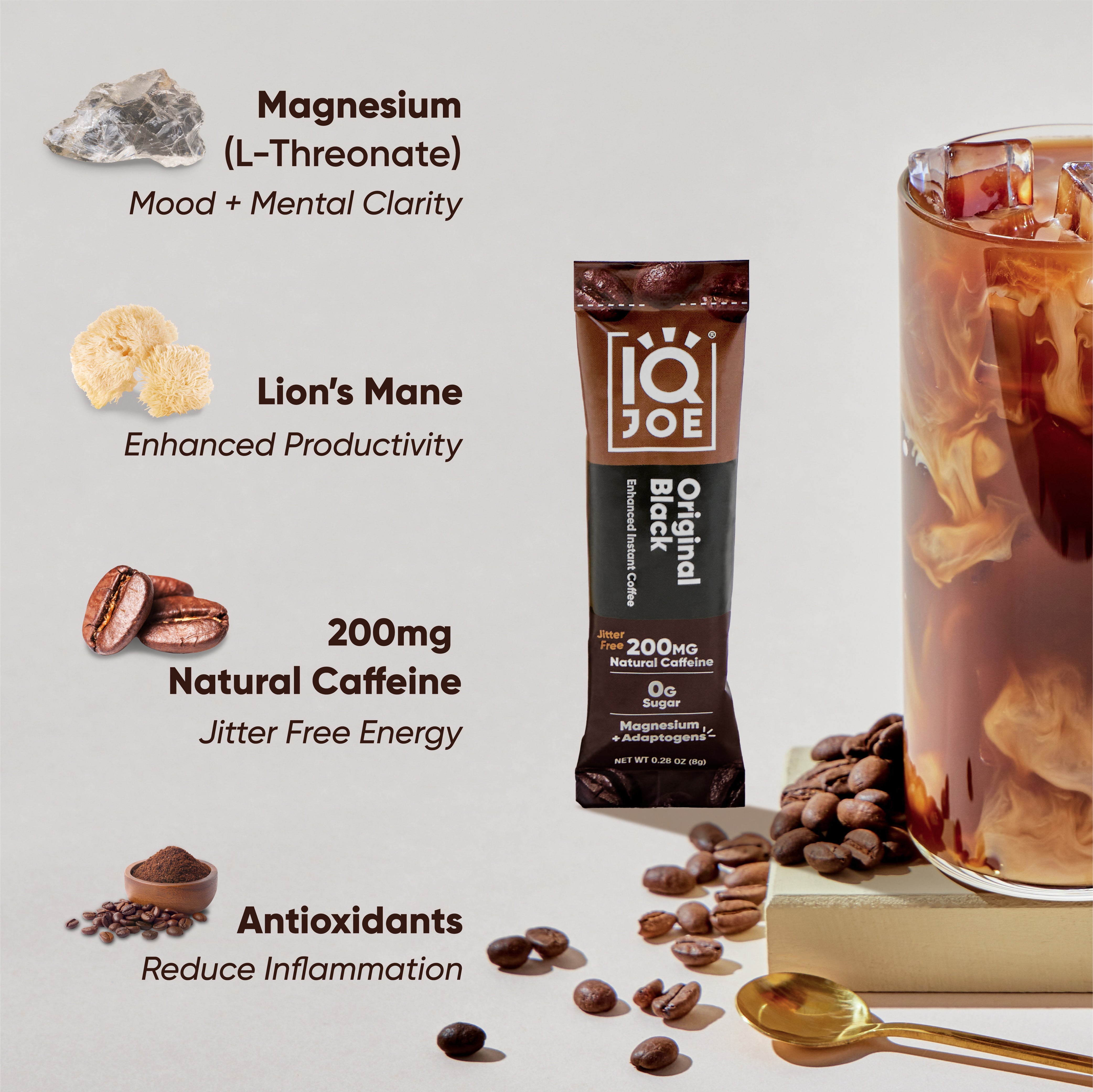 IQJOE Original Black Nootropic Coffee with Magnesium L-Threonate, Lion's Mane Mushroom, 200mg of Natural Caffeine, Antioxidants