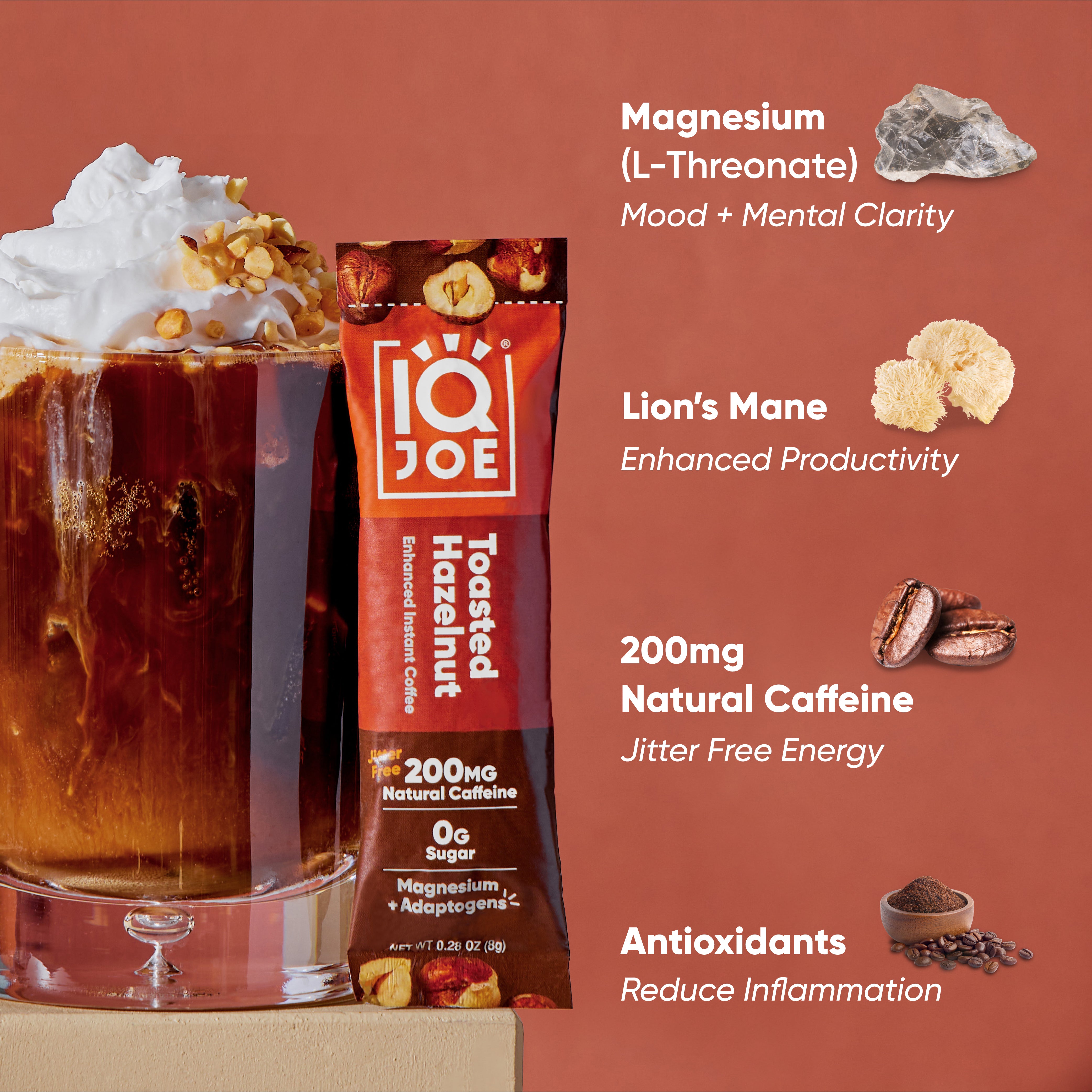 IQJOE Toasted Hazelnut Nootropic Coffee with Magnesium L-Threonate, Lion's Mane Mushroom, 200mg of Natural Caffeine, Antioxidants.