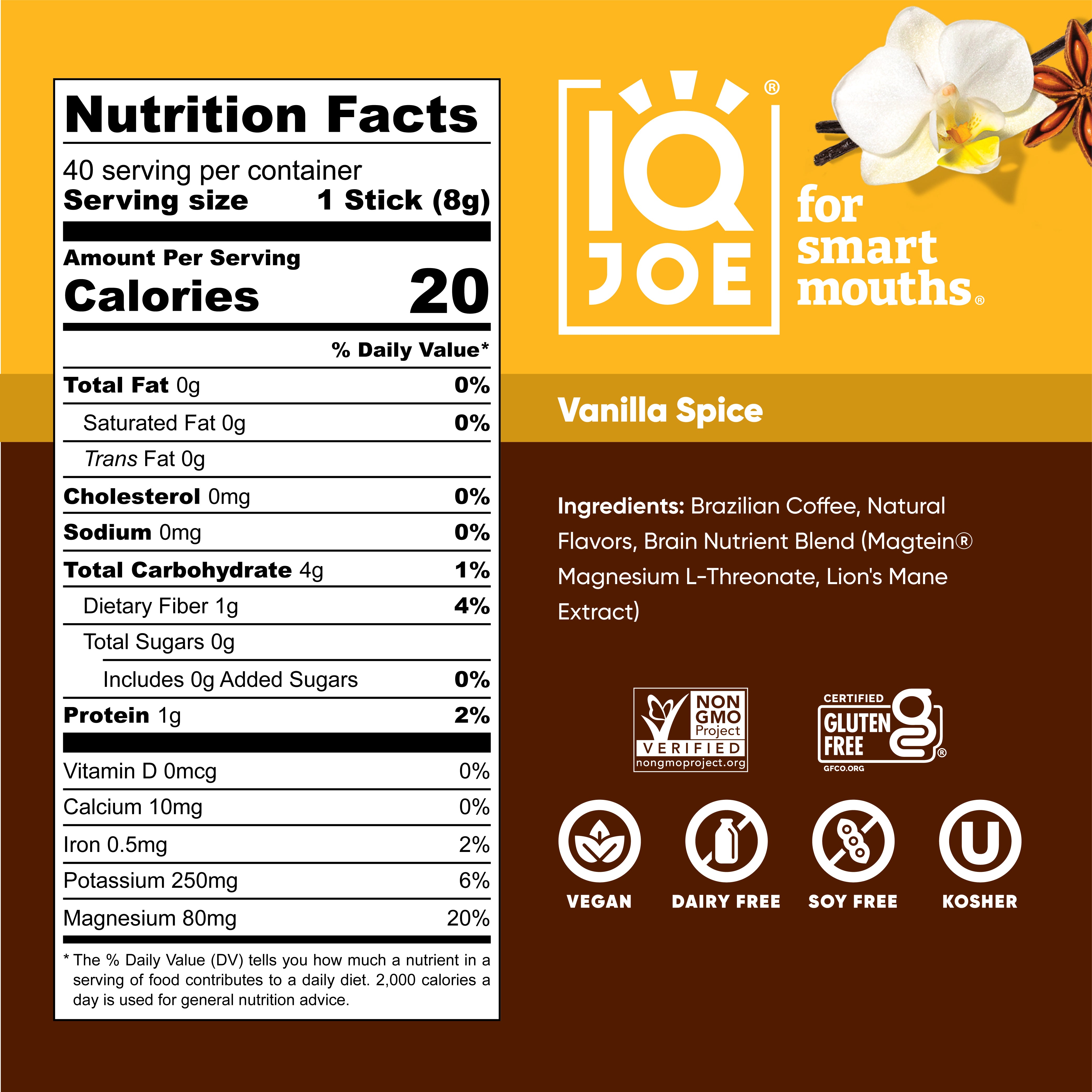 IQJOE Vanilla Spice Mushroom Coffee Nutrition Facts. Vegan. Dairy Free, Soy Free, Kosher, zero sugar, Non-GMO Project Verified, Gluten free Certified.