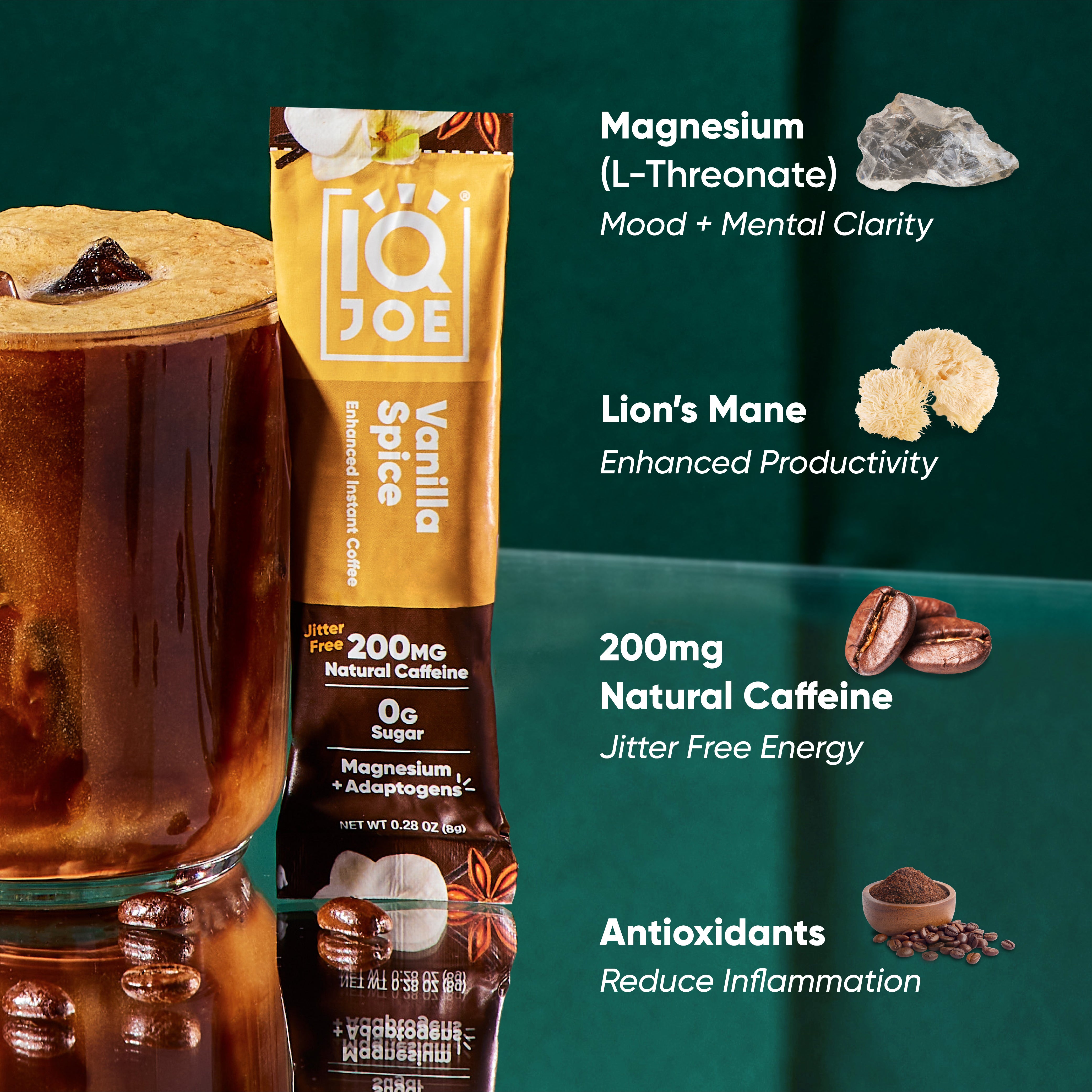 IQJOE Vanilla Spice Nootropic Coffee with Magnesium L-Threonate, Lion's Mane Mushroom, 200mg of Natural Caffeine, Antioxidants.