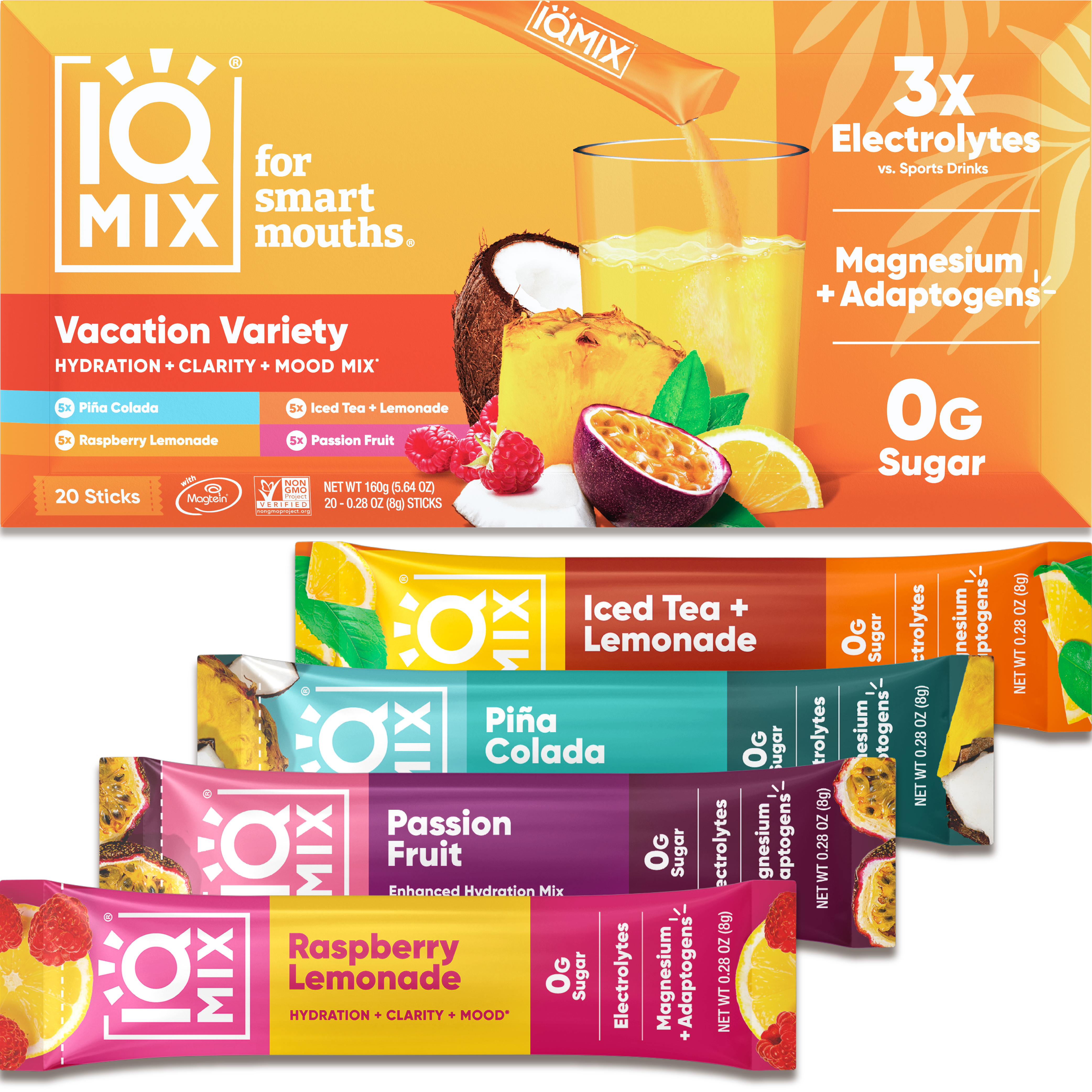 IQMIX Vacation Variety — 20 tropical electrolyte stick packs