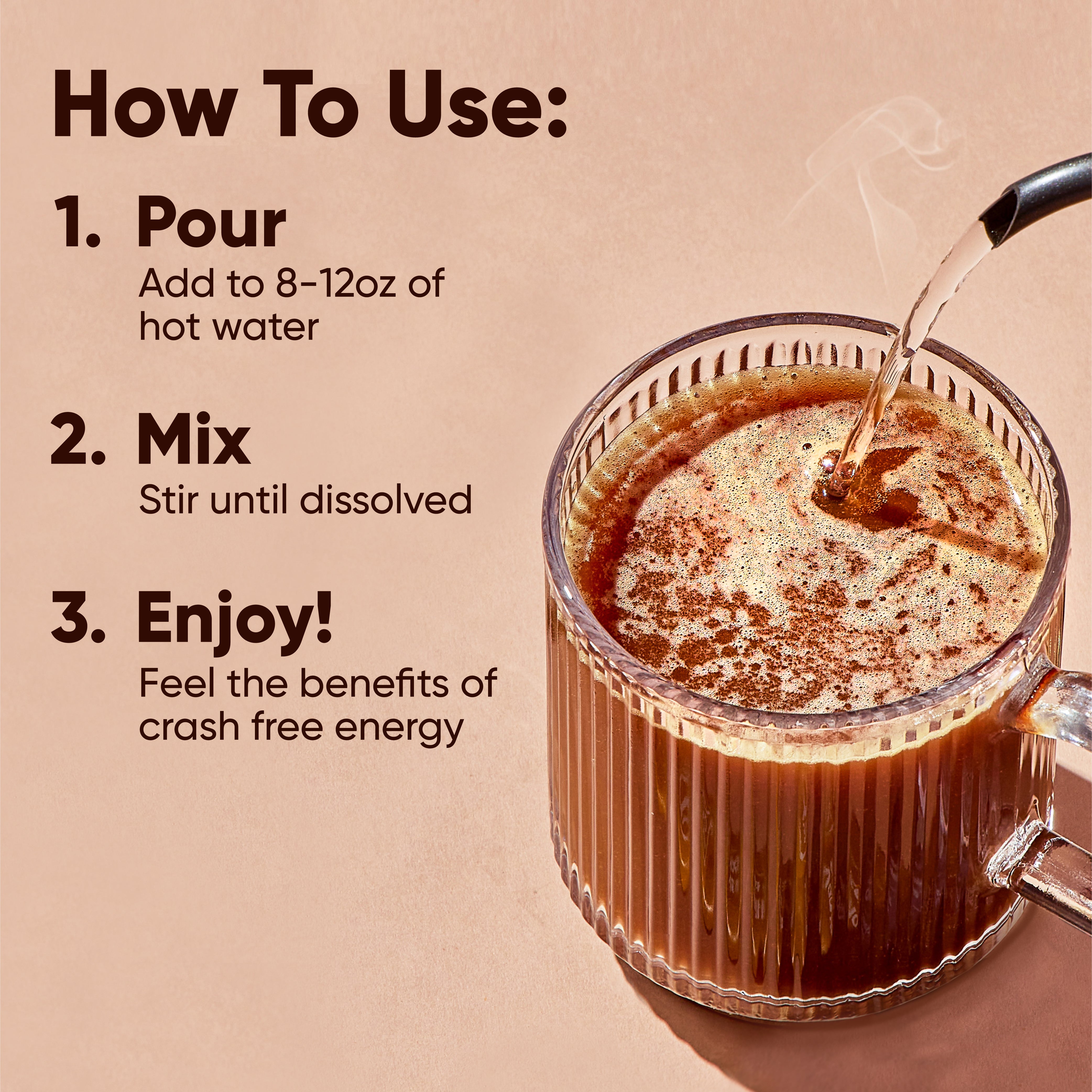 IQJOE Caffe Mocha Instant Coffee Packets pour into 8-12 ounces of hot water and are ready to drink. Coffee on the go.