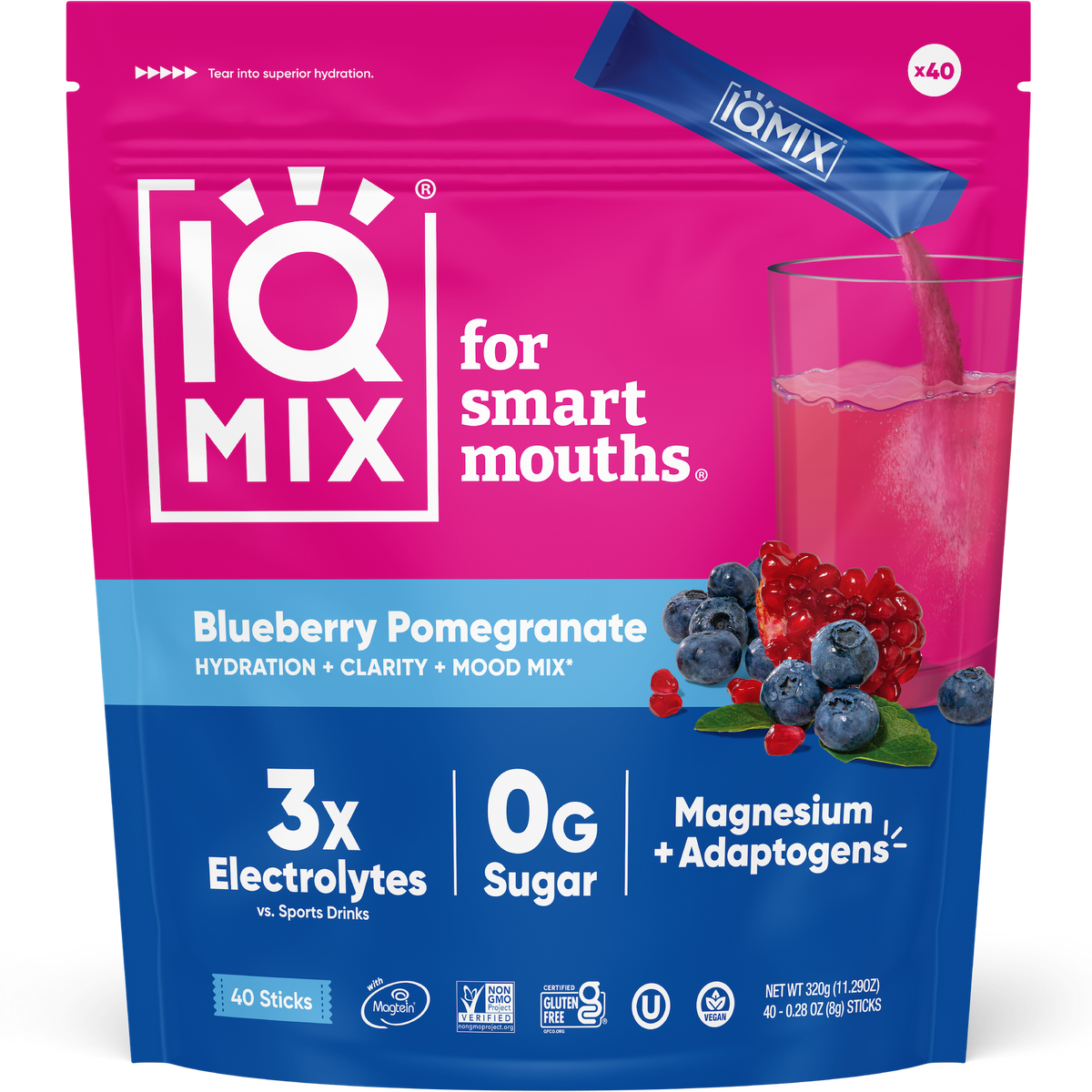 IQMIX Blueberry Pomegranate Electrolyte Powder + Magnesium, 40-Sticks