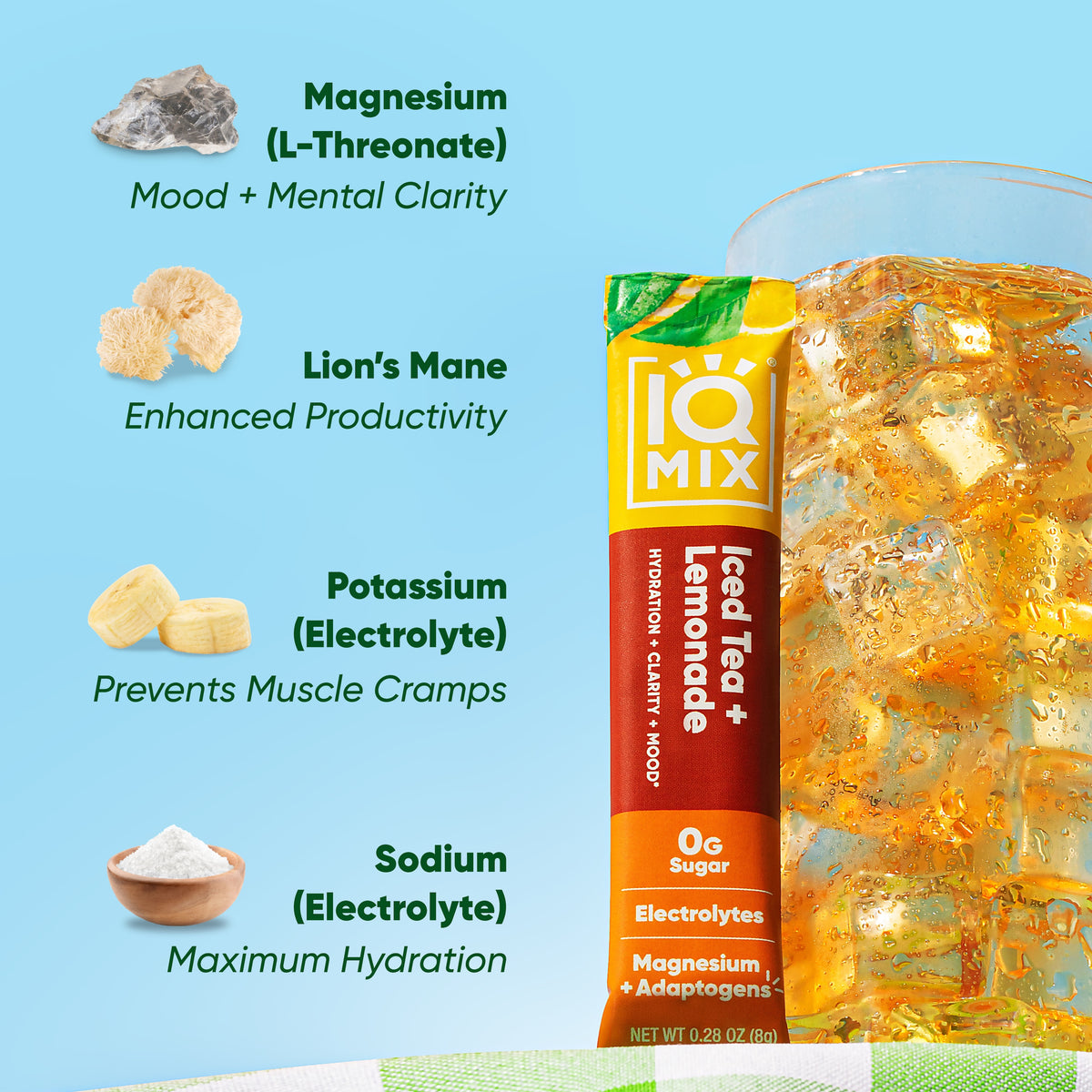 IQMIX Iced Tea and Lemonade 20 sticks — powder in glass