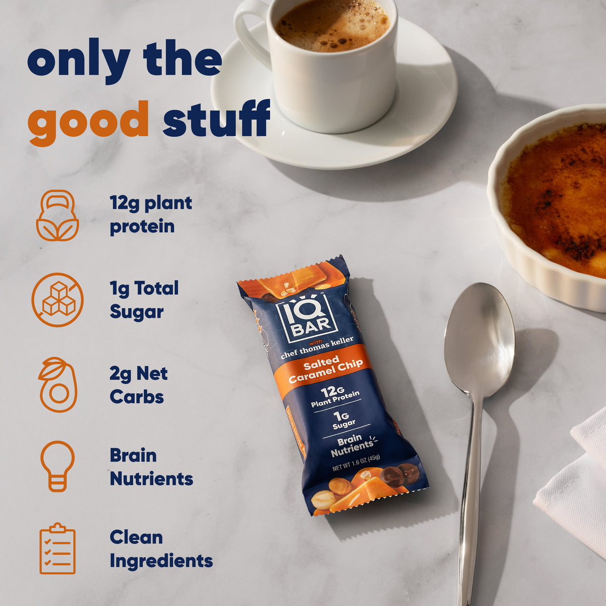 IQBAR Salted Caramel Chip protein bar — unwrapped