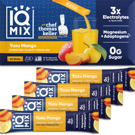 IQMIX Yuzu Mango electrolyte powder — 20 sticks, co-developed with Chef Thomas Keller